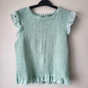 Laundry mint green ruffled sleeves and trim crinkled stretch material Sz L